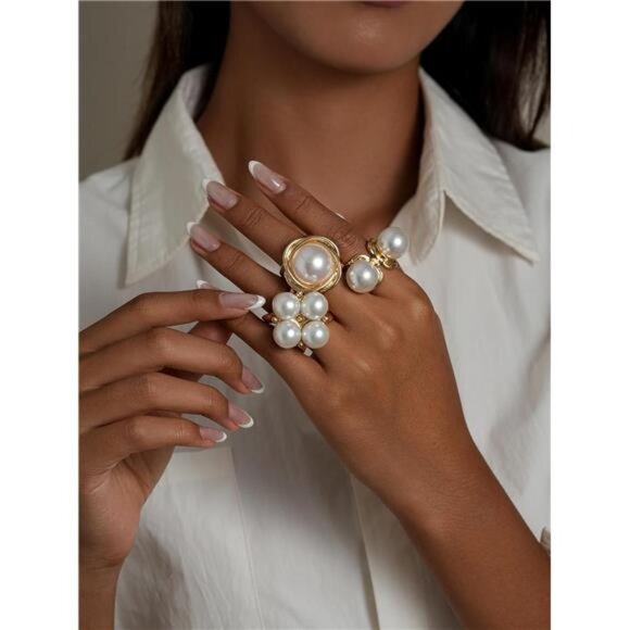 Chunky Adjustable Gold Rings | Pearl Accent Thick Statement Rings - Picture 4 of 6